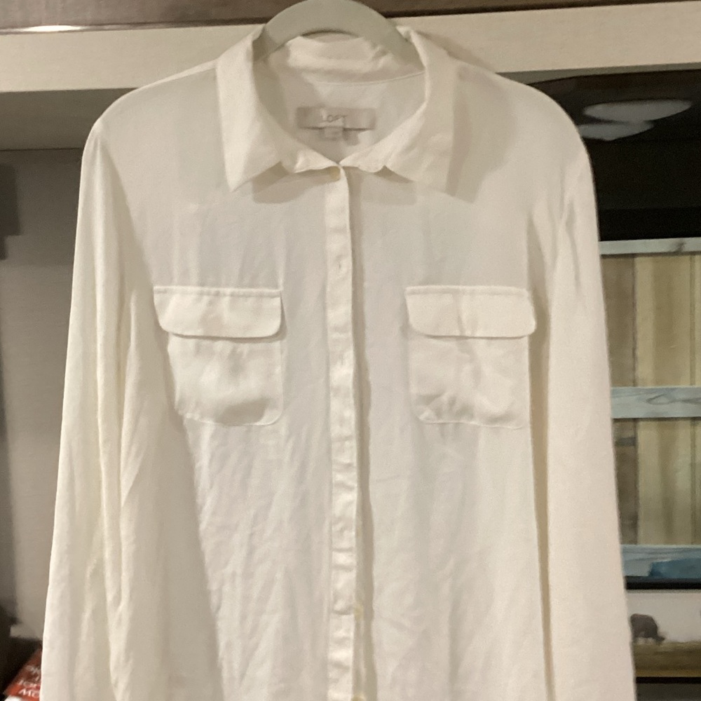 LOFT Cream Collared Button-Front Shirt - Picture 3 of 3